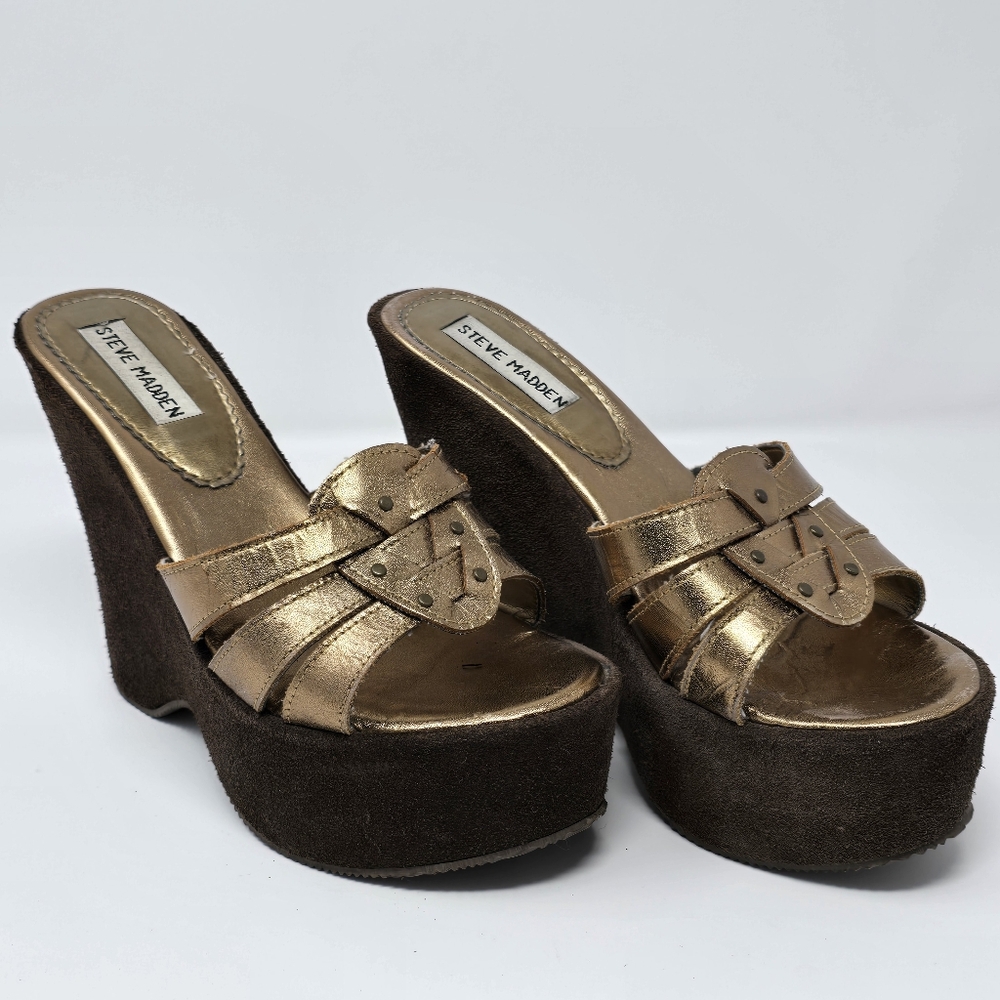 Steve Madden Gold and Brown Platform Wedge Sandals